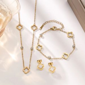 Crystal Zircon Four Leaf Flower Jewelry Set Bracelet Necklace Earrings Womens 18k Gold Plated Stainless Steel Chaim Clover Gift