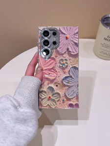 Fashion Diamond Epoxy Blue Light Oil Painting Floral Phone Case For Samsung Galaxy S25 Ultra S25+ S24 S23 S22 Ultra Luxury Bunga Soft Edge Hard Anti-fall Phone Cover Casing Skin With Glitter Glass Lens Films Protection
