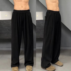 กางเกงลำลองชายผ้าไหมน้ำแข็งบางๆ ทรงหลวม ทรงตรง กางเกงขายาวทรงขากว้าง สไตล์สตรีท แฟชั่น ฤดูใบไม้ผลิและฤดูร้อน