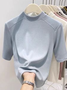 Áo Thun Dệt Kim Bó Sát Cổ Cao Tay Ngắn Màu Trắng Thời Trang Thu Đông Cỡ Lớn Áo Lót Bên Trong Chất Liệu Polyester Dành Cho Nữ