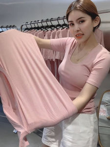 High Elasticity Cotton Short Sleeve U-Neck T-Shirt Womens Summer Slimming Sweet And Spicy Short Dressing Top in Pink