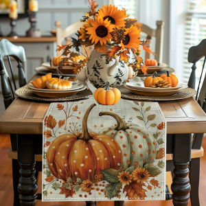 1 Piece of Pastoral Style Autumn Table Runner Painted Polka Dot Pumpkin Small Flower Leaf Suitable for Restaurant Home Picnic Harvest Party Market Decoration.