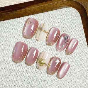 10Pcs Handmade Spring Summer Oval Press on Nails Full Cover Cats Eye Design False Nails Manicure Wearable Detachable Nail Tips