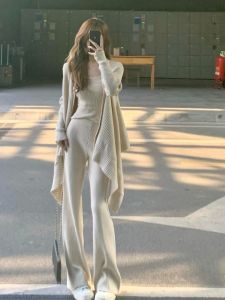 Autumn Knitted Open Cardigan Wide Leg Pants Womens Set Elegant Pearlescent Color Anti-Aging Trendy Fashion Casual Outfit