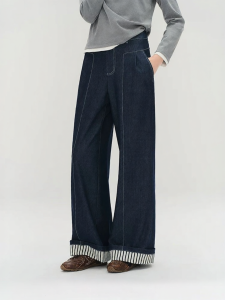 DUSHU | Retro Flared Turn-up Stripe Denim-like Pants