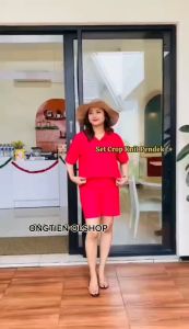 NAGITA Setelan Crop Wanita Kekinian Lengan Pendek & Celana Pendek Bahan Knit Hornet Tebal