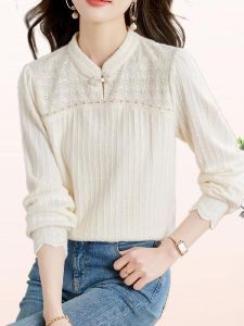 New Chinese Style Long Sleeve Lace Base Shirt Button up Commuter Straight Tube Silk Womens Top Fashionable Spring Autumn Retro