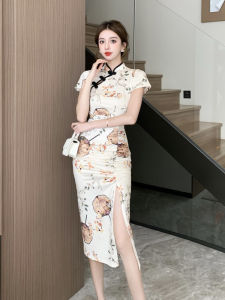 Retro Style Asymmetrical Slit Midi Dress Young Version Girls Improved Cheongsam Floral Print Pleated Waist-Cinching Bodycon Dress