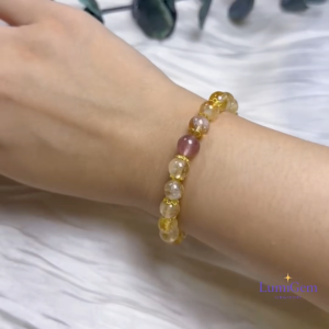 LumiGem Fortune Sweetheart Crystal Bracelet – Citrine Strawberry Quartz & Rhinestone Accents