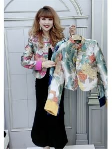 New Chinese Style Short Printed Jacket with Button Design Spring Autumn High End Top Womens Fashion Straight Cut Outerwear