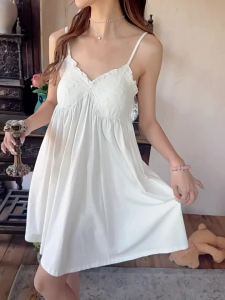 French Princess Style White Suspenders Nightdress Women Summer Sweet Lace with Padded Nightgown Modal Cotton Sleepwear Girls Loose Lounge Wear