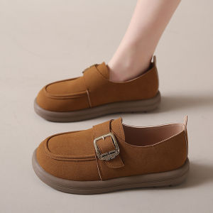 Womens Soft Bottom Genuine Leather Slip-On Shoes Comfortable Flat Sport Single Shoes Casual round Toe mid Heel Rubber Outsole