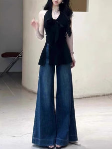 High Waist Wide Leg Denim Jeans Women Loose Drapey A-Line Flared Floor-Length Casual Style Blue Jeans Summer Collection