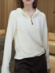 QINGNAER | Hooded Long Sleeve T-Shirt Loose Fit Comfortable White