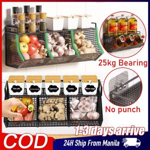 Kitchen Wall Hanging Seasoning Organizer Rack Onion Garlic Organizer Basket Double Vegetable Storage Basket Spice Bottle Container Condiment Jars Storage Rack Kitchen Bathroom Wall Mounted Shelf