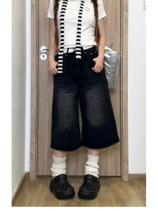 Quần Jeans Denim Ống Rộng Màu Đen Phong Cách Retro Mỹ Cho Nữ Quần Thường Ngày Mùa Hè Quần Ống Rộng Bảy Phần Quần Short