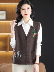 Autumn Fashion V-Neck Sleeveless Knitted Pure Color Cashmere Open Cardigan Womens Loose Fit Vest Outer Short Style