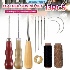 ItemMart 13pcs DIY Leather Sewing Kit Sewing needle/Wooden Handle Awl/Wax Thread/Sewing Awl