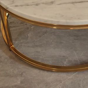 Meja Tamu Oval Stainless Gold Top Marmer Putih Carrara