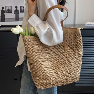 Túi Tote Dệt Cói Đi Biển Mùa Hè Túi Đeo Vai Đa Năng Lót Polyester Hình Chữ Nhật Chất Liệu Cotton Dành Cho Nữ