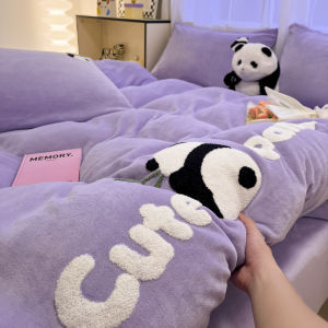 Winter Milk Fiber Bed Four-Piece Set Thickened Heattech Double-Sided Coral Fleece Duvet Cover Panda Embroider Velvet Kids Three Pieces