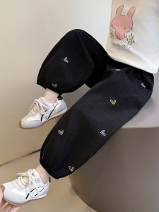 Girls Casual Loose Fleece Sweatpants Embroidered Heart Pattern Autumn New Style Korean Version Long Pants for Toddler Girls