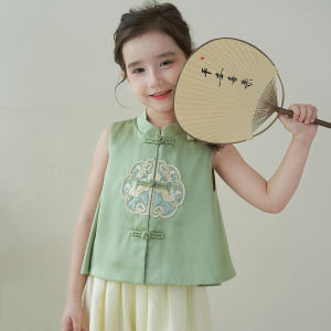 New Chinese Style Vest for Girls Baby Summer Retro Button up Top Versatile Hanfu Trendy Childrens Clothing Cotton Inner Liner