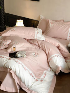 Thickened Long Velvet Cotton Pure Cotton Bedding Set with Tulip Embroidery Fluffy Warm for Autumn And Winter Pink Purple