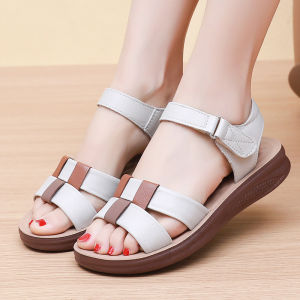 SHIPAILUO | Comfortable Soft Bottom Plain Leather Mom Sandals Breathable Low Heel Flat Bottom Women Shoes Fashionable Casual Style