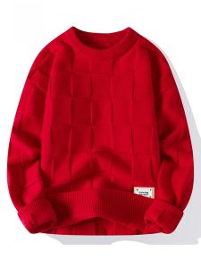 ROMON | Red Knitted Sweater For Men Winter New Year Fashion City Style Thickened Long Sleeve Round Neck Loose Fit Youth Casual Wear