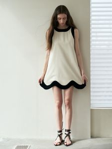 Undusus 24ss A-Line Dress Elegant Splice Wave Hem round Neck Short Skirt Polyester Fiber Spring Summer Autumn Seasonal Dress