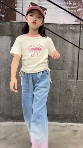 130-160cm กางเกงยีนส์เด็กผู้หญิง กางเกงเด็กผู้หญิง ไล่ระดับสี เอวสูง เอวยางยืด เวอร์ชั่นเกาหลี แฟชั่น 2025 ใหม่