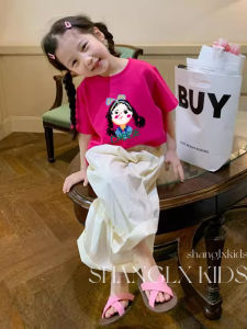 Girls Summer Outfit Set Cartoon Short Sleeve Wide Leg Pants Korean Style Child Clothing Trendy Kids Ensemble for Ages 2-14