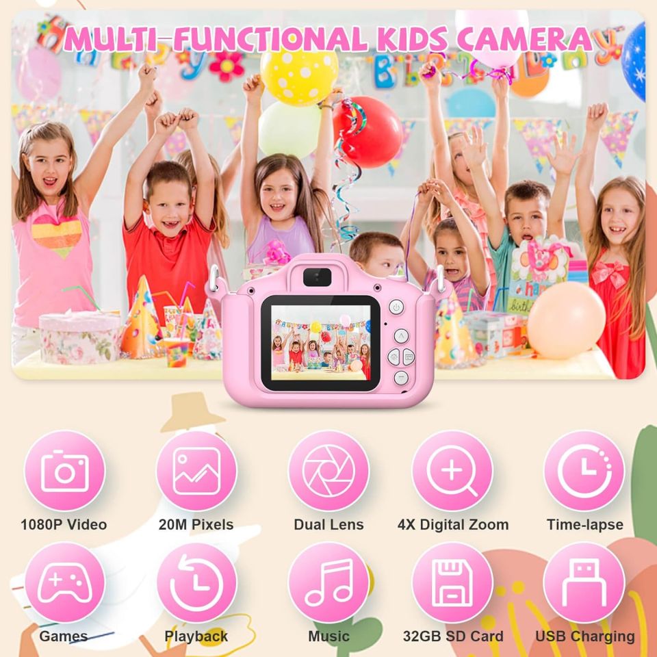 Children Toy Camera with 32GB SD Card Portable Selfie Toy Camera20MP 1080P HD Digital Video CameraIdeal Birthday Festival Gift For Girls Boys Kids