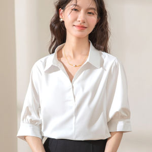 French Style Five-Quarter Sleeve White Shirt Women Summer Short Sleeve Commute Professional Batwing Sleeve Top