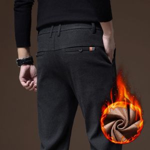 Winter Fleece Warm Mens Brushed Fabric Casual Pants Outdoors Business Thick Velvet Cotton Flocking PlushTrousers Male 28-38