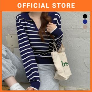 Women Knitted Striped Long Sleeve Top Loose Casual Blouse Korean Baju Lengan Panjang Perempuan 女生线条衣