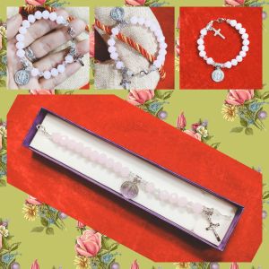 St. Benedict Miraculous Medal Light Pink Crystal Rosary Bracelet with Box Free