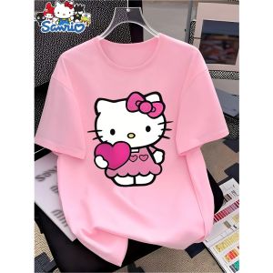 Sanrio | The New Hello Kitty Design Is A Cute Cartoon T-shirt Suitable for Casual and Sporty Daily Cotton Round Neck Womens Y2K T-shirt