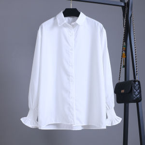 เสื้อเชิ้ตสีขาวหลวมๆ สำหรับผู้หญิง ฤดูใบไม้ผลิและฤดูใบไม้ร่วง สไตล์เกาหลี แขนยาว คอโปโล สีสันสดใส แขนพอง ปกโปโล