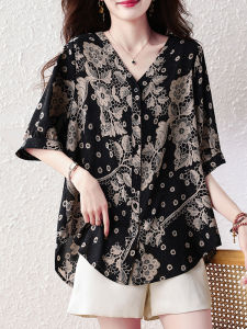 DAIXIANGFEIZI | Áo Sơ Mi Nữ Chiffon Hoa Văn Cổ V Short Sleeve