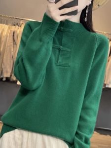 Brand Mall Withdraw from Cupboard Chinese Style Retro Buckle Womens Spring & Fall Mock Neck Sweater Loose Thickened Knitting Bottoming Shirt