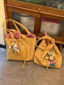 Retro Korean Style Suede Single Shoulder Bag with Large Capacity Check Pattern for Commuting Tote Bag Lazy Style Handbag