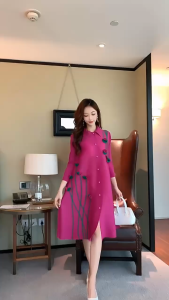 KESHANGYI Elegant 3D Floral Spliced Pleated Dress Women Lapel Long Sleeves Single Breasted A-line Dresses Party New 7003