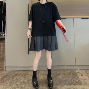 French Vintage Polka Dot Pleated Summer Dress Womens plus Size Cover Hip Short Sleeve High Waist A-Line Cotton Blend Dress