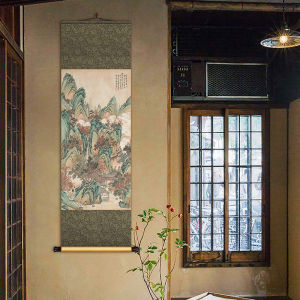 New Chinese Style Silk Scroll Painting Vertical Version Living Room Study Mountain Water Landscape Decorative Artwork Tea Room Entrance Hall Wall Art