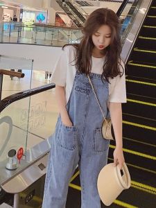 Loose Denim Overalls Short Womens Autumn Spring Korean Style Nine Points Natural Waist Straight Leg Long Pants
