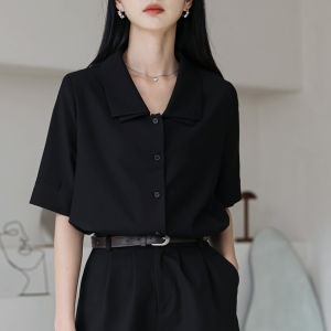 Elegant French Black Loose Shirt Womens Design Sensation Double Layer Collar Short Sleeve Stylish Top Summer High End