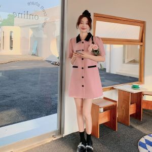 Pink Polo Collar Dress Womens Summer Elegant Beautiful Slimming Sweet Cute Mini Dress A-Line Skirt Short Sleeve Midi Dress