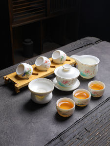 New Chinese Style Jue Suet Tea Set Household Hospitality Handmade Porcelain Gaiwan Kung Fu Tea Drinking Cup Thickened and Anti-Scald
